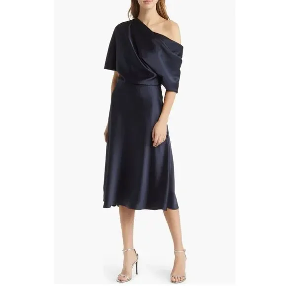 Amsale NAVY One Shoulder Fluid Satin Cocktail Midi Dress, NWT, Size 4 - Picture 6 of 13